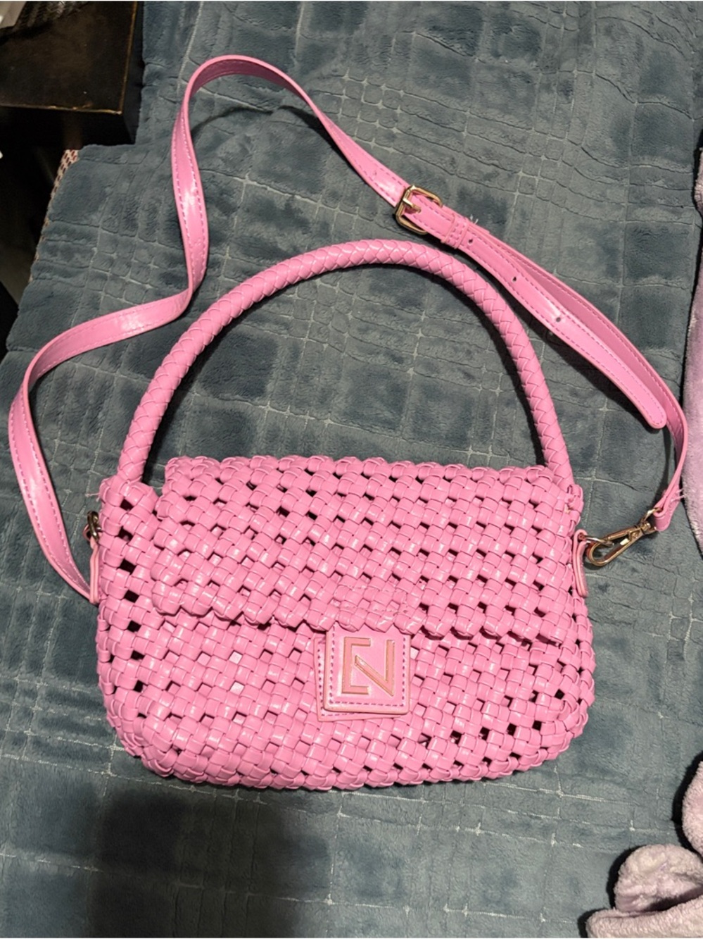 Pink Woven Crossbody Bag with Top Handle - Women